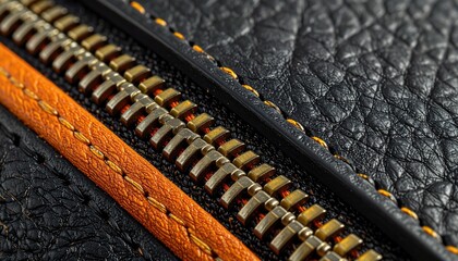 Close-up of a dark leather texture contrasted by a gold zipper and bright orange seam stitching