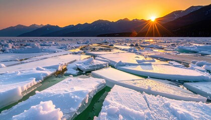 A frozen lake reflects the setting sun, with distant mountains on the horizon creating a scenic winter landscape