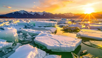 Ice floes float serenely in water beneath a vibrant sunset and snow-capped mountain range during the golden hour