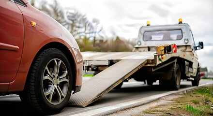 Red compact car parked on roadside, with tow truck approaching to assist, showcasing vehicle recovery process and roadside assistance concept