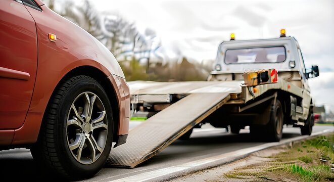 Red compact car parked on roadside, with tow truck approaching to assist, showcasing vehicle recovery process and roadside assistance concept
