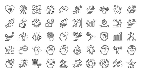 Self motivation icon set collection in outline style. icon pack contains believe, goal, focus, success, dream, hope, achieve, strength, passion, energy