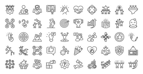 Team engagement icon set collection in outline style. icon pack contains team, work, trust, bond, support, respect, unity, motivate, inspire, lead