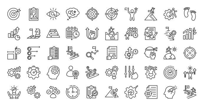 Goal setting icon set collection in outline style. icon pack contains purpose, plan, vision, dream, focus, target, success, achieve, action, step