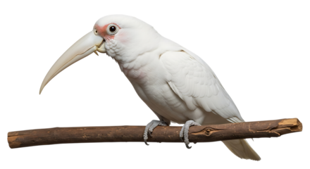 White Cockatoo Bird, with Long Curved Beak perched on Wooden Branch, cutout, PNG isolated on white or transparent background