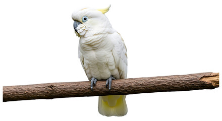 White cockatoo, with yellow crest perched on a textured wooden branch, cutout, PNG isolated on white or transparent background