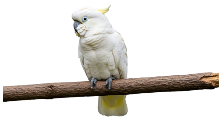 White cockatoo, with yellow crest perched on a textured wooden branch, cutout, PNG isolated on white or transparent background