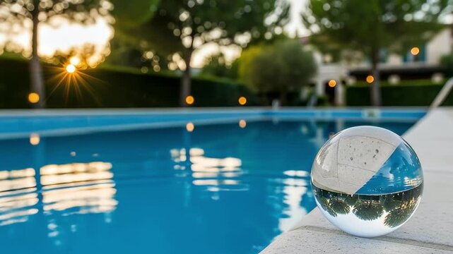 A clear crystal sphere sits on the shimmering edge of a luxurious swimming pool, reflecting an inverted landscape with lush green trees and a distant building. Golden sun rays create a beautiful lens 