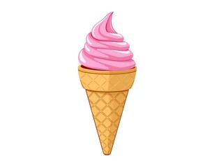 Delicious pink soft serve ice cream cone on white background