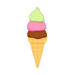 Triple scoop ice cream cone with green pink and chocolate flavors