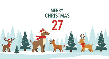 Festive Merry Christmas countdown with happy dog and deer in snowy forest, perfect for holiday greeting cards and seasonal social media posts