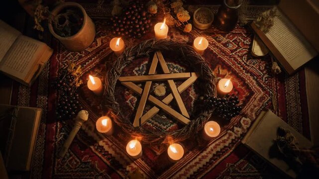 Mystical Pentagram and Candle Arrangement