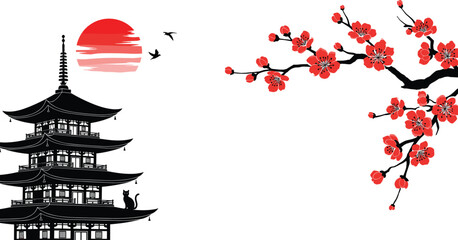 Traditional Japanese Pagoda Silhouette with Red Rising Sun and Cherry Blossom Branch Vector Illustration, Representing Asian Culture, Travel, and Oriental Architecture Design