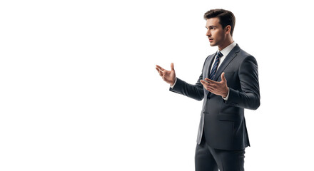 A confident speaker, delivers an engaging presentation, gestures with hands, isolated on transparent background