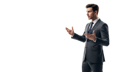 A confident speaker, delivers an engaging presentation, gestures with hands, isolated on transparent background