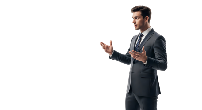 A confident speaker, delivers an engaging presentation, gestures with hands, isolated on transparent background