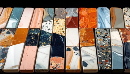 Colorful rectangular stone samples display varied textures, patterns, and hues on a black surface