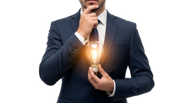 A business person is pondering a bright idea in his hand, isolated on transparent background