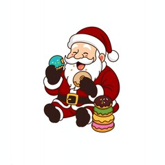 Santa Claus Eating Donuts Cute Cartoon Illustration