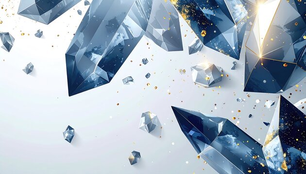 Abstract image of floating, blue crystals with golden flecks against a gradient white to light grey background