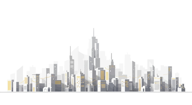 Modern city skyline illustration featuring elegant skyscrapers and festive holiday lights, perfect for business presentations or urban lifestyle designs