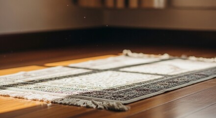 Ornate Prayer Rug on Wooden Floor Bathed in Warm Sunlight