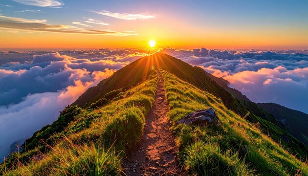 Mountain peak trail bathed in golden sunrise light, clouds fill the valley below. Nature's path to the sky - Powered by Adobe
