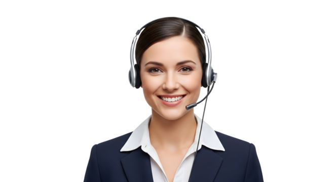 A professional woman wearing a headset, with a friendly smile, ready to provide customer support, isolated on transparent background