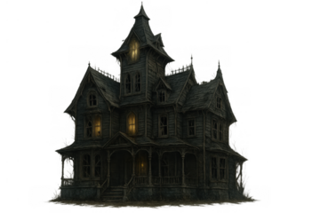 Spooky haunted house illustration on a transparent background, depicting a dark, old gothic mansion with illuminated windows