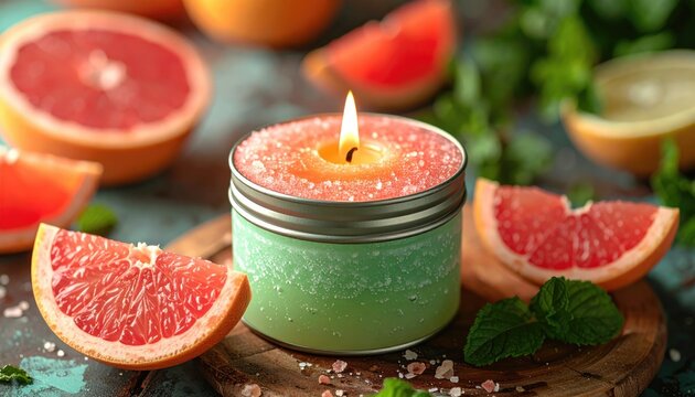Lit citrus candle on wood with grapefruit slices and fresh mint sprigs in a soft, natural light setting