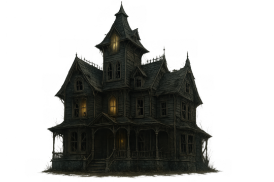 Spooky haunted house illustration on a transparent background, depicting a dark, old gothic mansion with illuminated windows