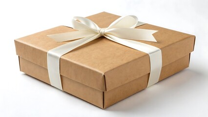 A simple kraft paper gift box tied with a delicate white ribbon and bow