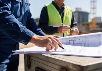 Construction workers review building blueprints on site, discussing project plans