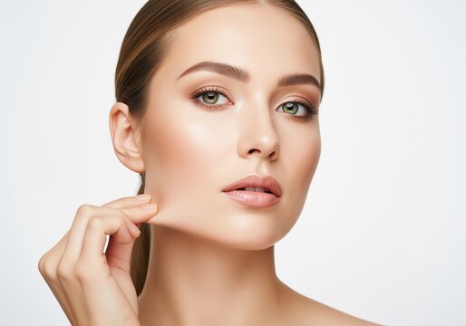 Female face showing supple skin and elasticity by gently pinching cheek