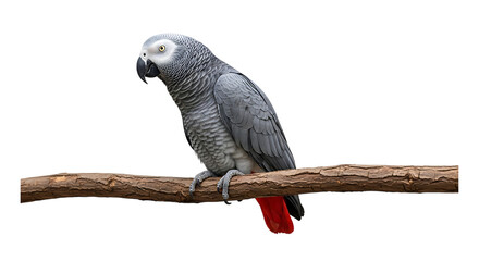 African Grey Parrot, with bright red tail feathers perched on a wooden branch, cutout, PNG isolated on white or transparent background
