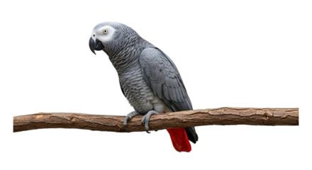 African Grey Parrot, with bright red tail feathers perched on a wooden branch, cutout, PNG isolated on white or transparent background
