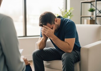 Fototapeta premium Man struggling with emotional distress during a professional therapy session