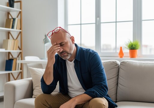 Stressed middle aged bald man with headache sitting on sofa at home