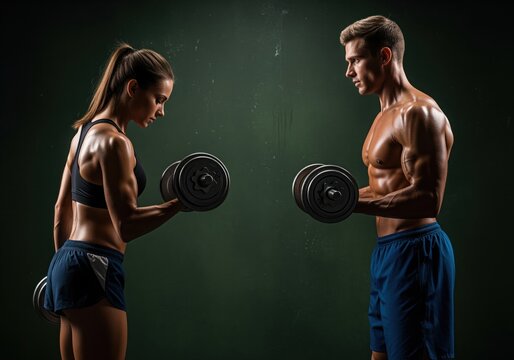 Fitness couple performing gym exercise workout with dumbbells for strength