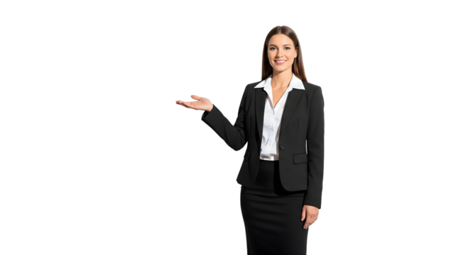 A poised businesswoman presenting to the side, isolated on transparent background