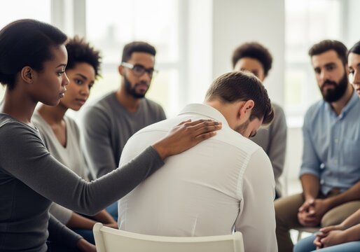 Diverse support group session offering comfort to an upset man