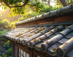 Traditional Japanese Curved Tile Roof With Wooden Structure