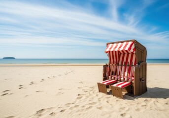 Traditional german strandkorb on a sunny sandy beach by the ocean