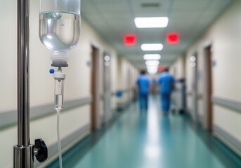 Clear medical IV saline bag and drip stand for intravenous therapy