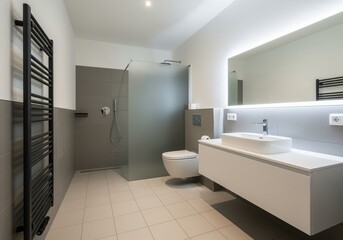 Fototapeta premium Contemporary bathroom interior with modern vanity, illuminated mirror, and walk in shower