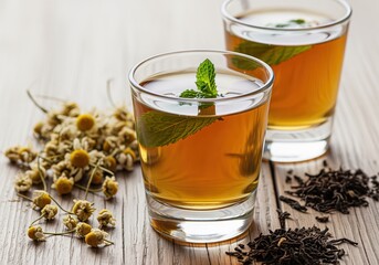 Fototapeta premium Refreshing herbal tea with fresh mint leaves, dried chamomile flowers, and loose tea