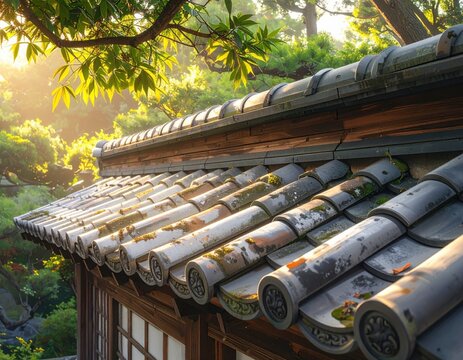 Traditional Japanese Curved Tile Roof With Wooden Structure - Powered by Adobe