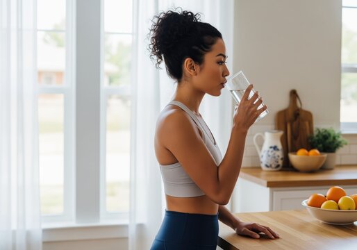 Fit asian woman drinks water in kitchen after exercise for hydration - Powered by Adobe