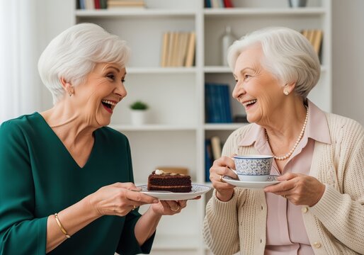Joyful senior women friends laughing and sharing cake and tea