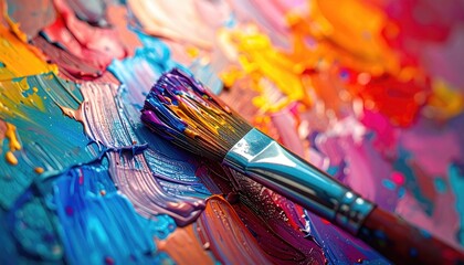 Colorful, textured paint strokes fill the frame with a paint brush laying diagonally across the vibrant mix